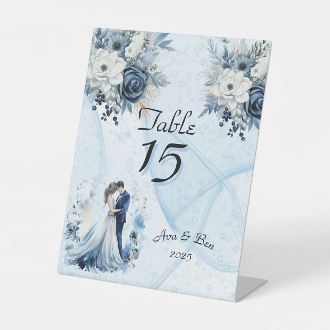 Signe De Table Dusty Blue Alcohol Ink Bride & Groom Mariage (Recto)