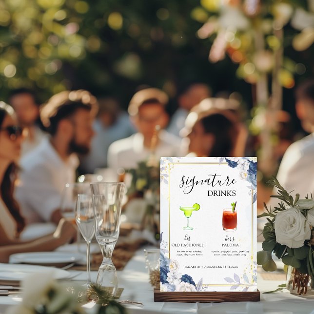 Signe De Table Dusty Blue Gold Floral Signature Boire Bar Mariage (Créateur téléchargé)