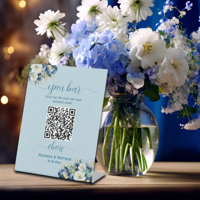 Signe De Table Dusty Blue Gold QR Code Mariage Open Bar Menu (Créateur téléchargé)