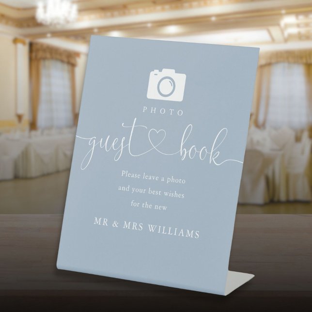 Signe De Table Dusty Blue Heart Script Photo Livre d'invité (Dusty Blue Heart Script Photo Guest Book Pedestal Sign)
