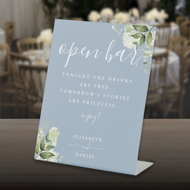 Signe De Table Dusty Blue Moderne Élégant Verdure Floral Open Bar (Dusty Blue Modern Elegant Greenery Floral Open Bar Pedestal Sign)
