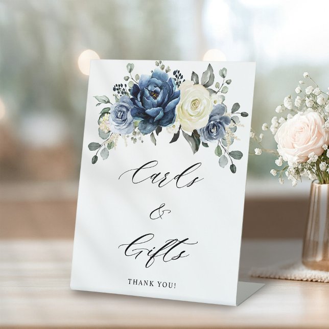 Signe De Table Dusty Blue Navy Champagne Ivory Floral Mariage (Dusty Blue Navy Champagne Ivory Floral Wedding Pedestal Sign)