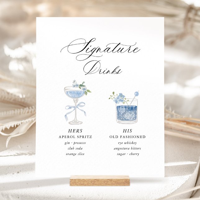 Signe De Table Dusty Blue Signature Drinks Wedding (Dusty blue navy watercolor signature drinks wedding sign on wood holder in soft boho outdoor light)