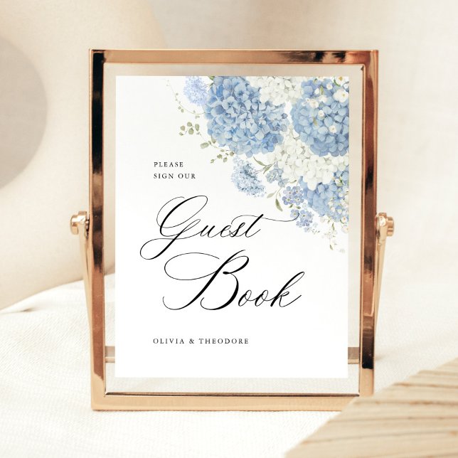 Signe De Table Dusty Blue White Floral Guest Book Wedding Table (Dusty blue white hydrangea wedding guest book sign, watercolor floral calligraphy Gold frame display)