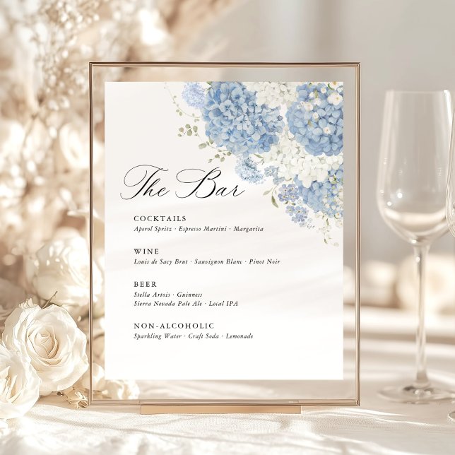 Signe De Table Dusty Blue White Hydrangea Wedding Bar Menu (Dusty blue white floral wedding sign bar menu, hydrangea watercolor gold frame sign, soft indoor)