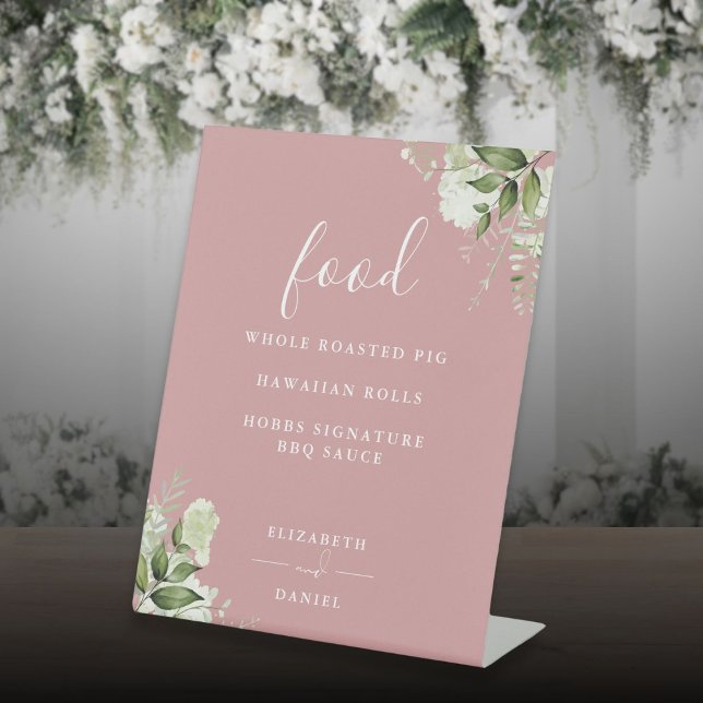 Signe De Table Dusty Rose moderne Floral Greenery Menu alimentair (Dusty Rose Modern Floral Greenery Food Menu Pedestal Sign)