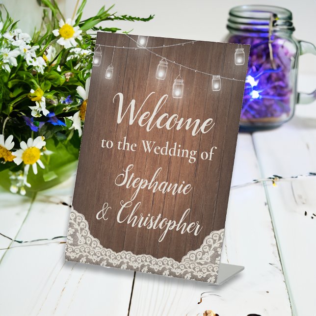Signe De Table Éclairage de chaîne Bois rustique Bienvenue de scr (vintage wedding welcome sign)