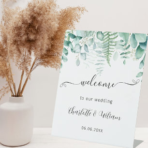 Signe De Table Eeucalyptus mariage script vert bienvenue