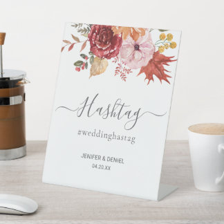 Signe De Table Élégant automne quittent Automne Mariage Hashtag