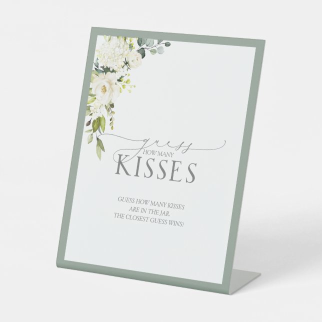 Signe De Table Élégant blanc gris vert floral Combien de baisers (Recto)