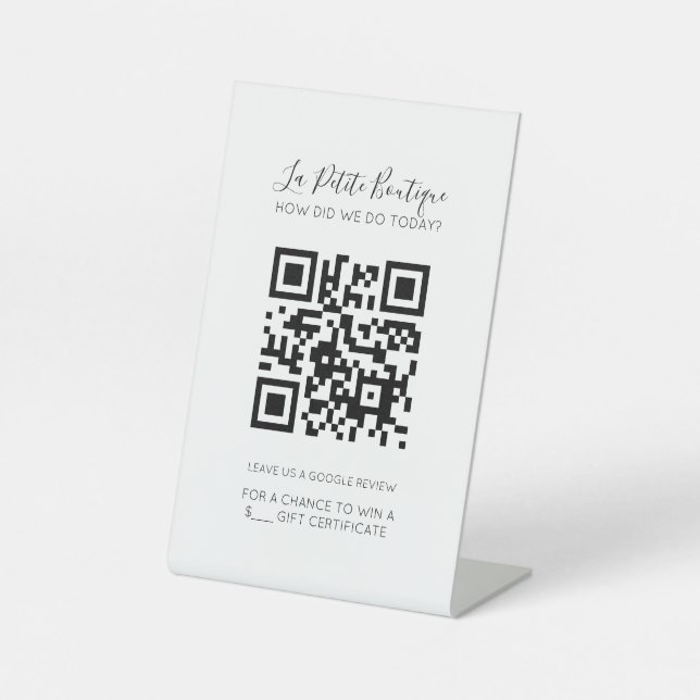 Signe De Table Élégant blanc Script minimal QR Google Review (Recto)