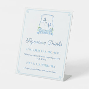 Signe De Table Elégant Bleu Blanc Mariage Crest Signature Boisson