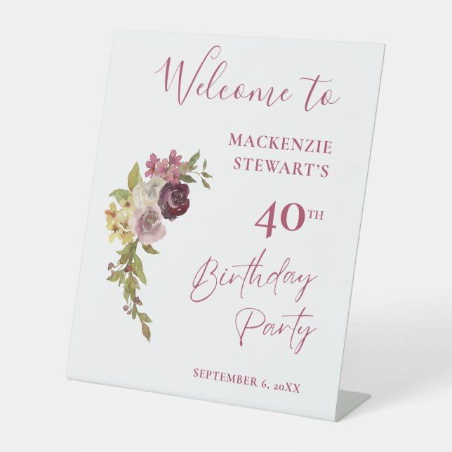 Signe De Table Élégant Bourgogne rose floral 40e anniversaire (Recto)