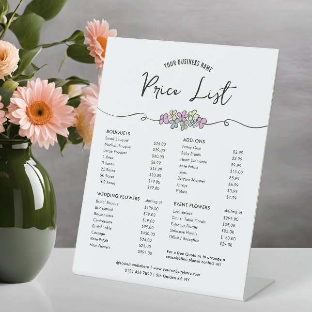 Signe De Table Elégant Chic Floral Design Menu Prix (Modern hand drawn floral business price list table top sign)