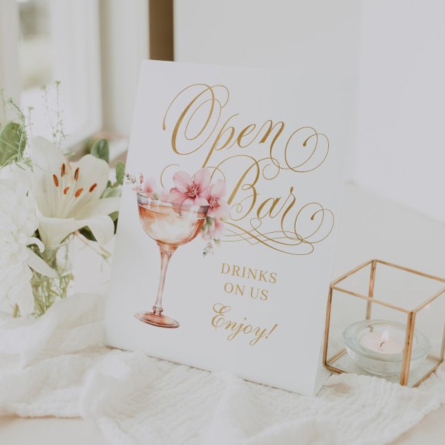 Signe De Table Élégant clignotant blanc rose or Open Bar (Elegant White Pink Gold Open Bar Pedestal Sign)
