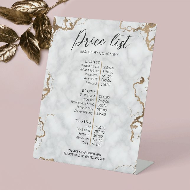 Signe De Table Elégant Faux Gold & Marble Beauty Salon Tarifs (Modern Marble and Gold Business Pricing Menu Pedestal Sign)