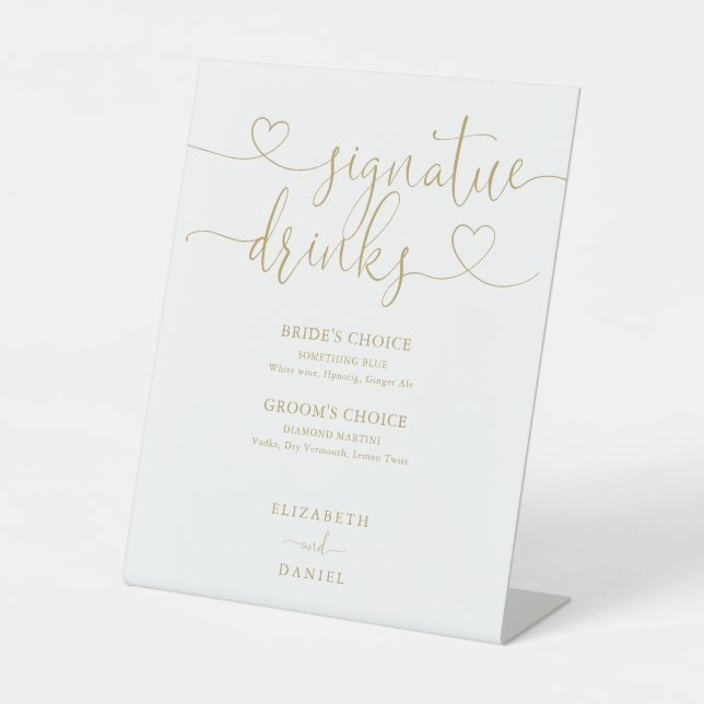 Signe De Table Élégant Gold Heart Script Mariage Signature Boisso (Recto)