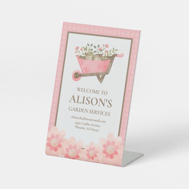 Signe De Table Elégant Jardin rose En vichy aquarelle (Recto)
