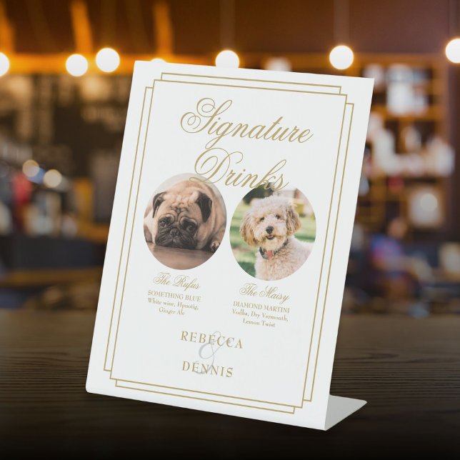 Signe De Table Elégant Mariage Or Pet Chien Signature Boissons (Elegant Gold Wedding Pet Dog Signature Drinks Pedestal Sign)