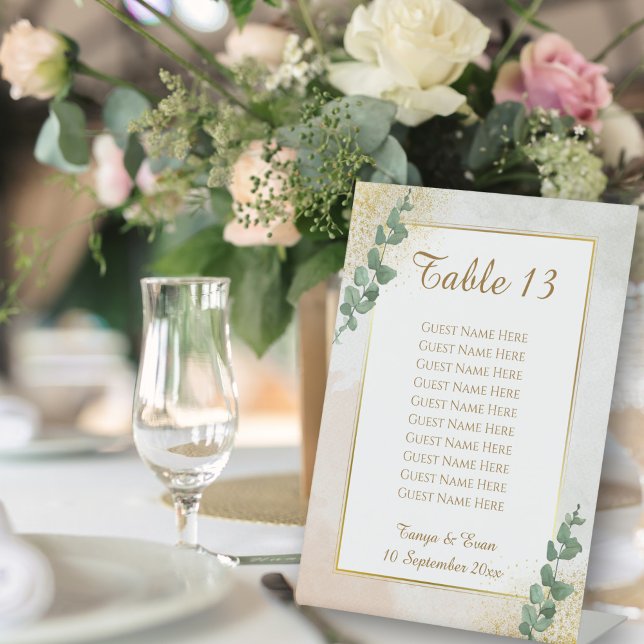 Signe De Table Élégant Mariage photo Vert & Or Numéro de table (Elegant Green & Gold Photo Wedding Table Number with guests names)
