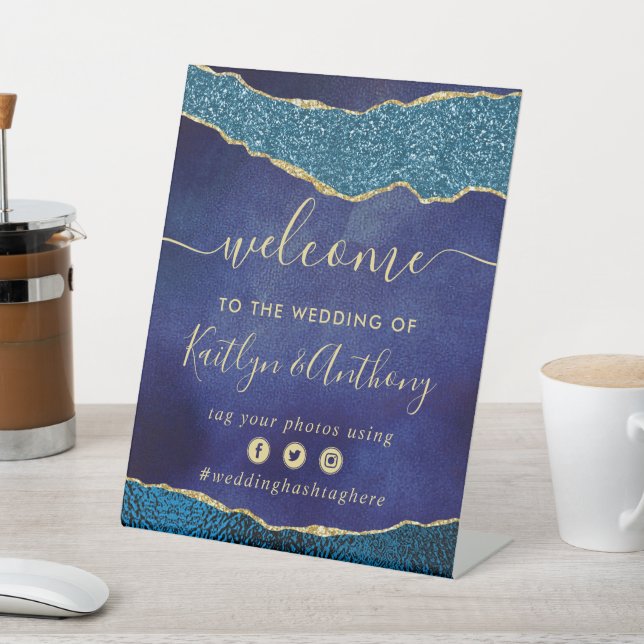 Signe De Table Elegant Marine Blue & Gold Agate Mariage Bienvenue (In SItu)