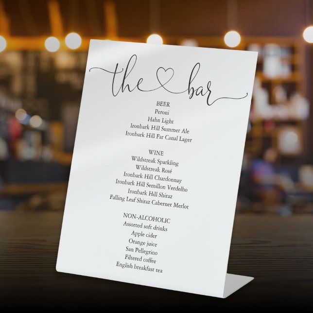 Signe De Table Élégant Menu de la barre de script Coeur moderne (Elegant Modern Heart Script Bar Menu Pedestal Sign)