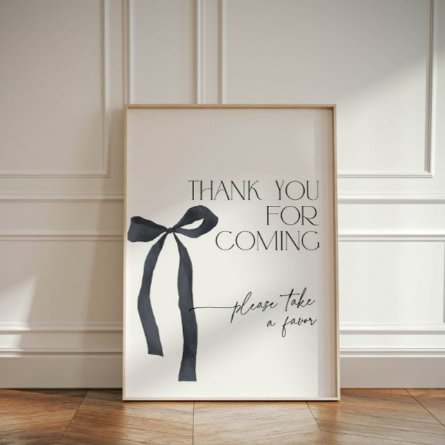 Signe De Table Elégant Merci noir coquette pour venir (Elegant black bow thank you for coming, please take a favor sign for bridal shower shes tying a knot)