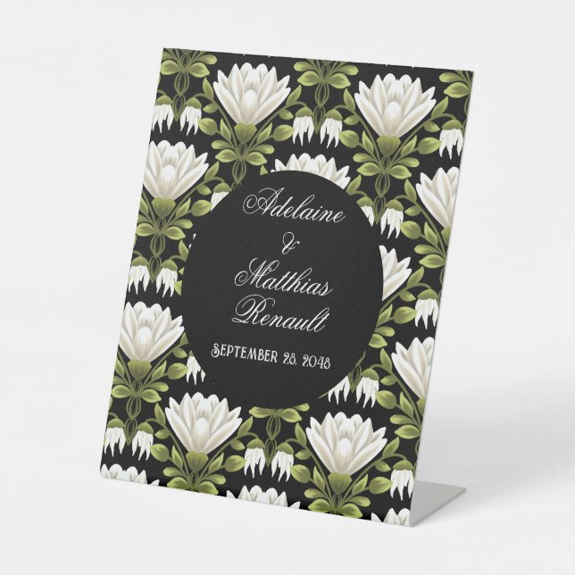 Signe De Table Elégant noir & blanc Mariage floral : Calligraphie (Recto)