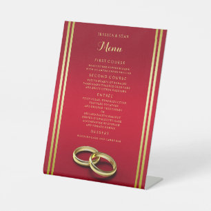 Signe De Table Elégant or & rouge, Mariage Anneaux Menu Mariage