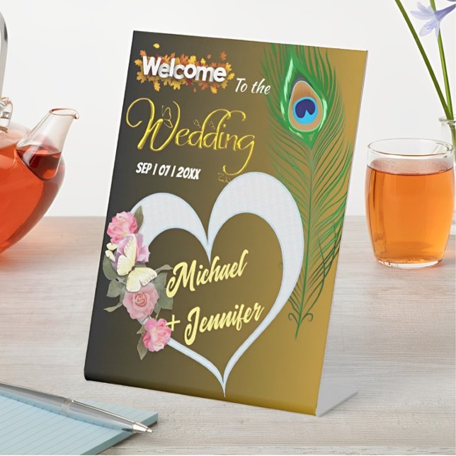 Signe De Table Elégant Peacock Feather & Rose Mariage personnalis (Créateur téléchargé)