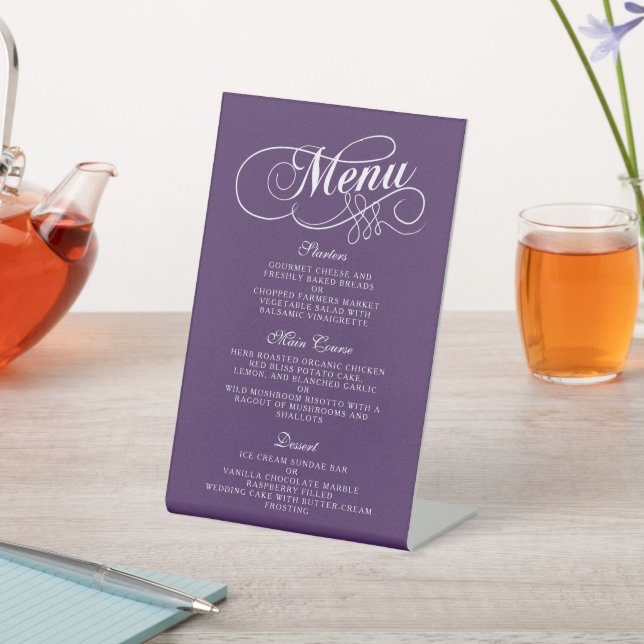 Signe De Table Élégant Purple Et Blanc Mariage Menu Modèles (In SItu)