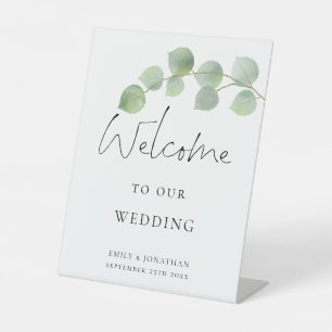 Signe De Table Élégant script Eucalyptus Bienvenue au Mariage