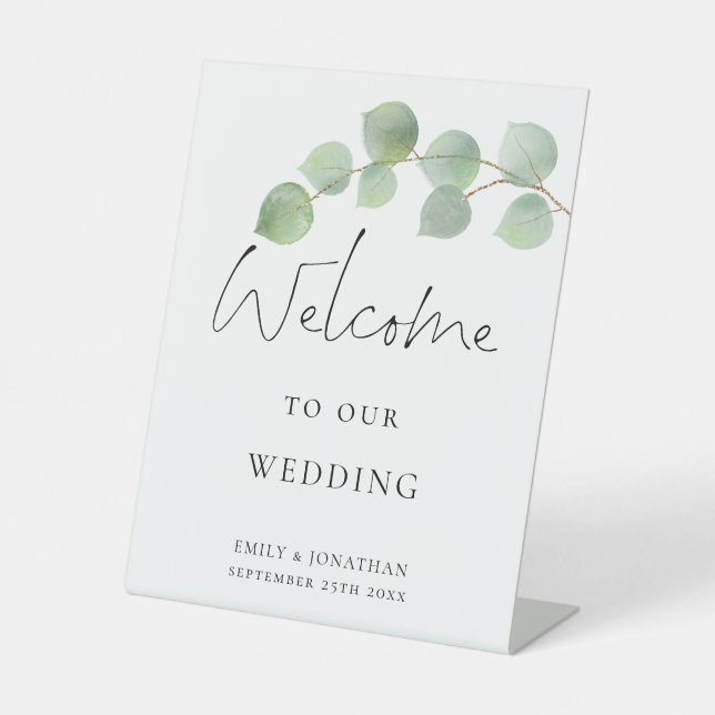 Signe De Table Élégant script Eucalyptus Bienvenue au Mariage (Recto)