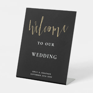 Signe De Table Élégant Script Gold Noir Bienvenue au Mariage
