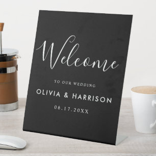 Signe De Table Élégant script noir blanc Mariage Bienvenue