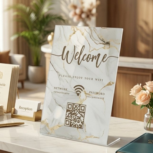 Signe De Table Elegant Welcome Script WIFI QR Code Agate Marble (Elegant Welcome Script WIFI QR Code Agate Marble Pedestal Sign )