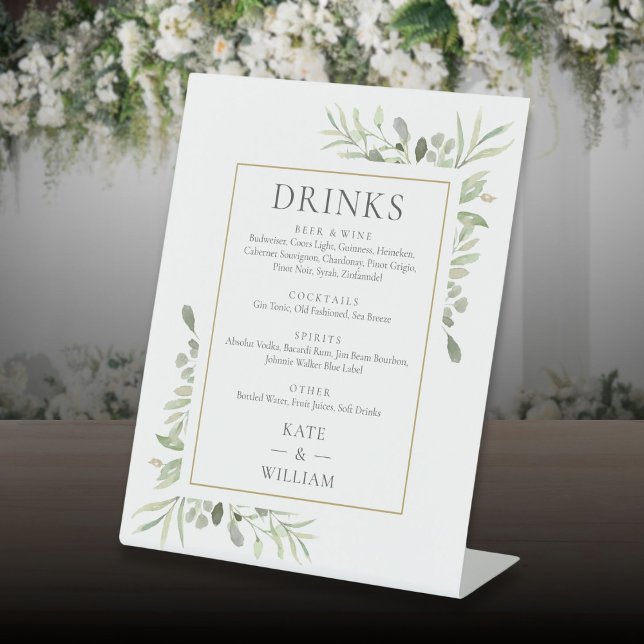 Signe De Table Elégante aquarelle verdure Mariage Boissons Menu (Elegant Watercolor Greenery Wedding Drinks Menu Pedestal Sign)