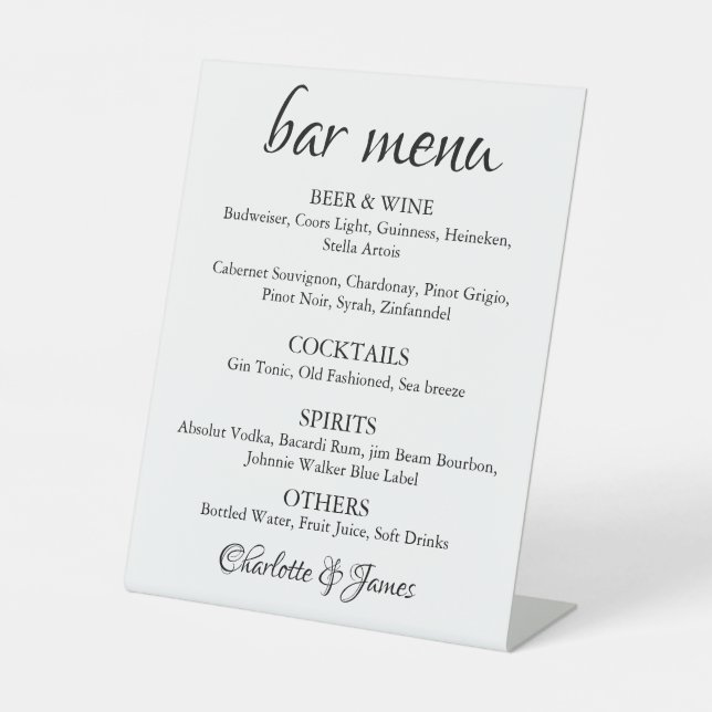 Signe De Table Élégante calligraphie Classic Mariage Bar Menu (Recto)