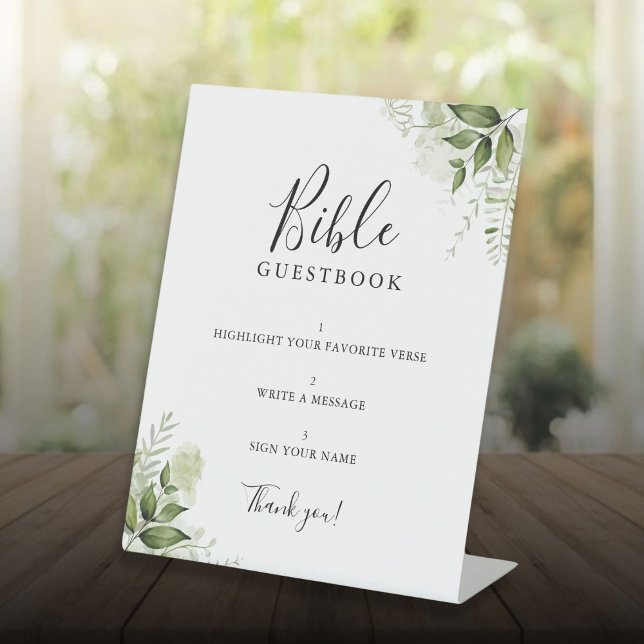 Signe De Table Élégante verdure Bible Florale Livre d'or (Elegant Greenery Floral Bible Guestbook Pedestal Sign)