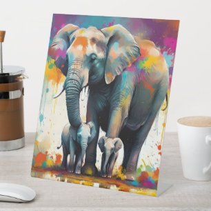 Signe De Table Eléphants De La Mère Et Du Bébé Couleur Splash,