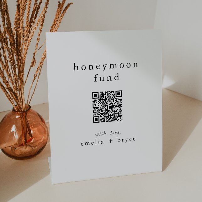 Signe De Table EMELIA QR Code Simple Boho Mariage Honeymoon Fund (EMELIA QR Code Simple Boho Wedding Honeymoon Fund Pedestal Sign)