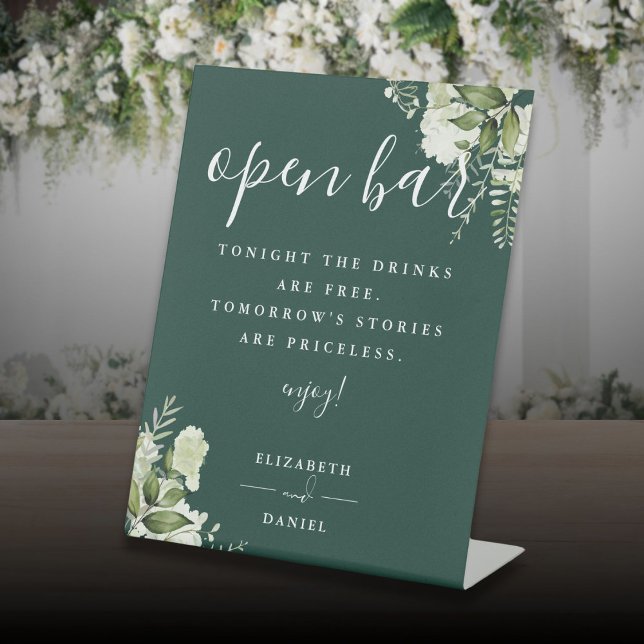 Signe De Table Emerald Elegant Green Floral Open Bar (Emerald Elegant Greenery Floral Open Bar Pedestal Sign)