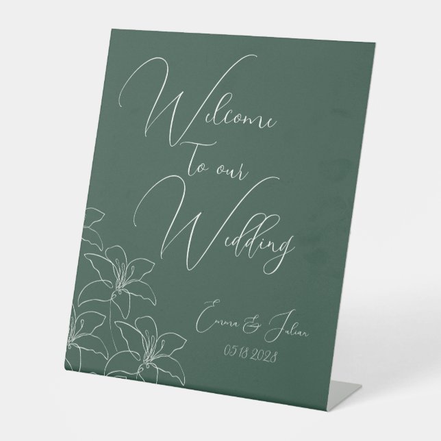 Signe De Table Emerald White Lilies Calligraphie Mariage de bienv (Recto)