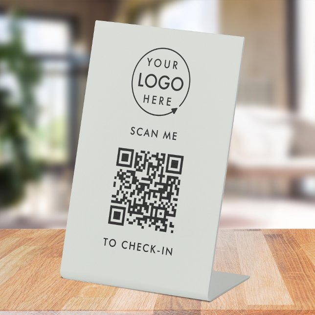 Signe De Table Enregistrement de code QR | Logo d'entreprise gris (Interactive QR code check-in signage with your business logo.)