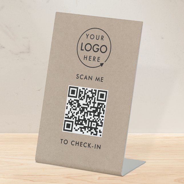 Signe De Table Enregistrement de code QR | Logo Rustique Kraft sa (Interactive QR code check-in signage with your business logo in rustic kraft.)