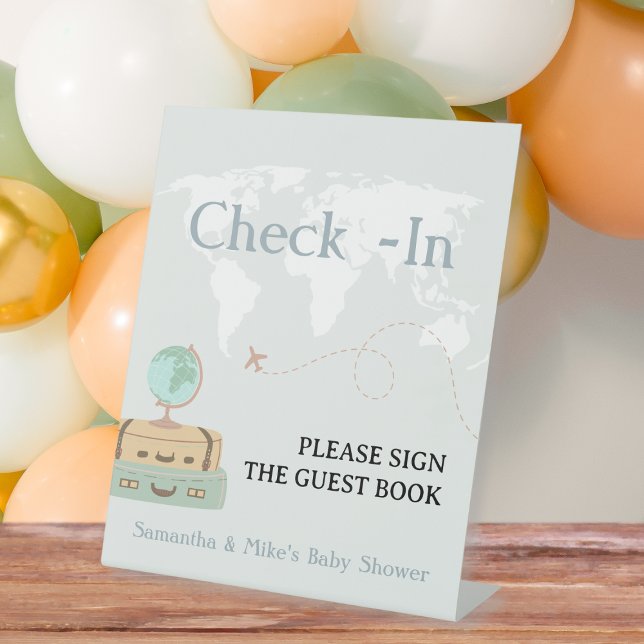 Signe De Table Enregistrement Livre d'Invité Connexion Voyage Bab (Check-In Guest Book Sign Travel Baby Shower)