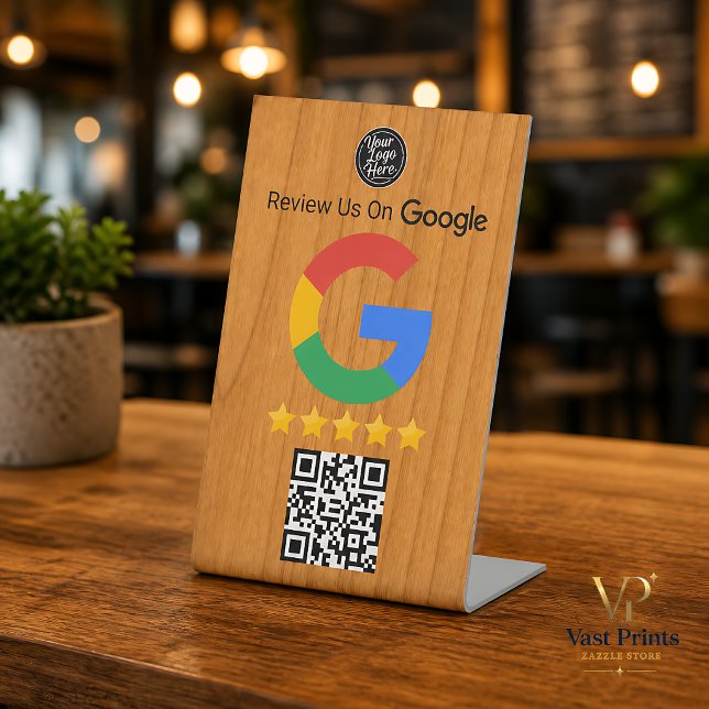 Signe De Table Enseigne de tableau de révision Google en bois Cod (Google Review Table Sign Wood QR Code Business)