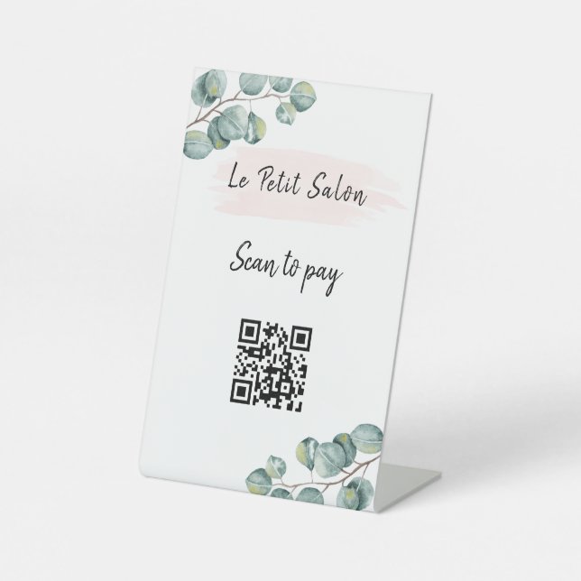 Signe De Table Eucalyptus Blanc Simple  Code QR Scannez pour Paye (Recto)