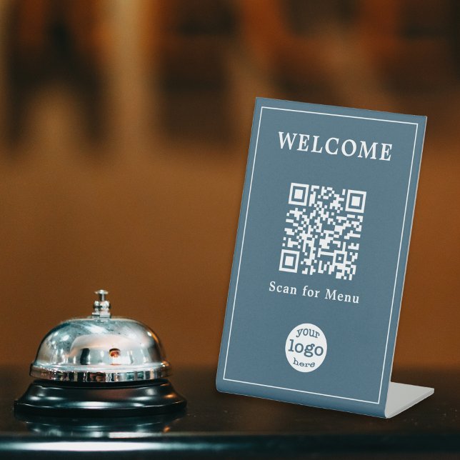 Signe De Table Eucalyptus Blue Cafe Menu QR Code Business Logo (Eucalyptus Blue Cafe Menu QR Code Business Logo Pedestal Sign)