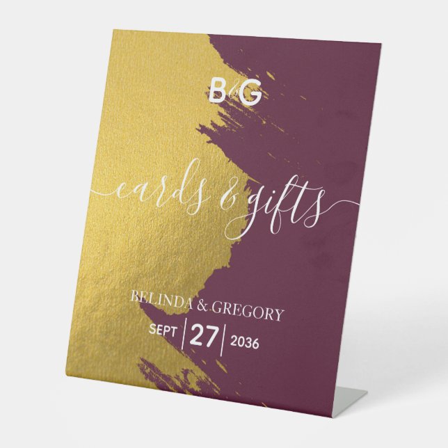 Signe De Table Faux Gold Burgundy, Monogrammes Cartes de Mariage  (Recto)